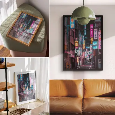 Póster de luces de neón turquesa y rosa en la ciudad nocturna