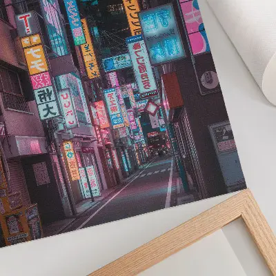 Póster de luces de neón turquesa y rosa en la ciudad nocturna