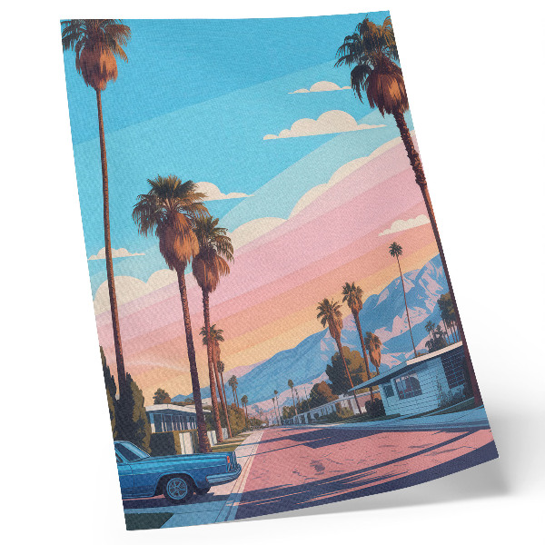 Póster con colores saturados Palmeras coloridas y una calle moderna y tranquila