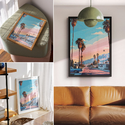 Póster con colores saturados Palmeras coloridas y una calle moderna y tranquila