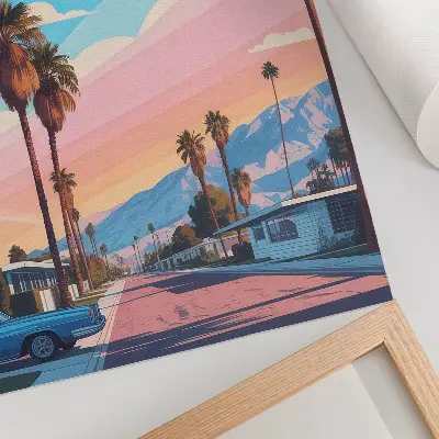 Póster de palmeras coloridas con colores saturados en una calle moderna y tranquila