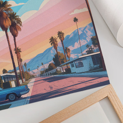 Póster con colores saturados Palmeras coloridas y una calle moderna y tranquila