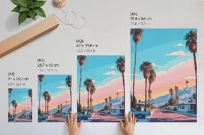 Póster de palmeras coloridas con colores saturados en una calle moderna y tranquila