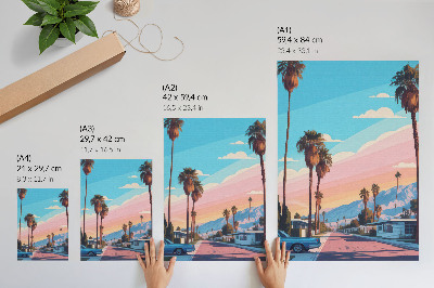 Póster con colores saturados Palmeras coloridas y una calle moderna y tranquila