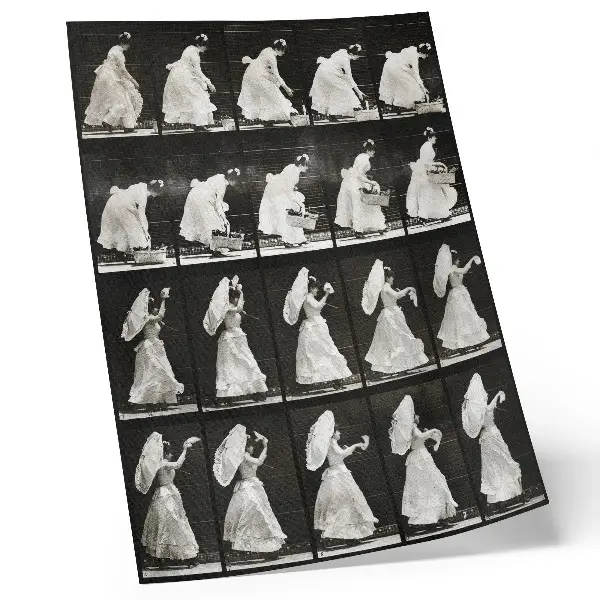 Póster mujer levantando una cesta y agitando un pañuelo de 1887 por Eadweard Muybridge