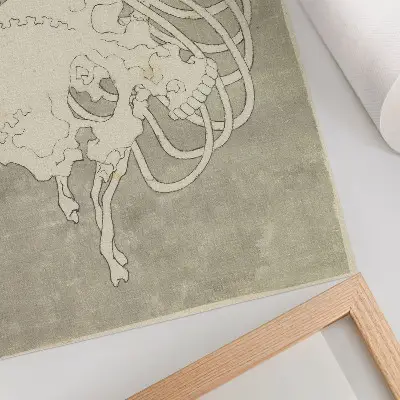Póster de cráneo de Hokusai con colores saturados y representación detallada de la caja torácica basada en la obra del Rijksmuseum