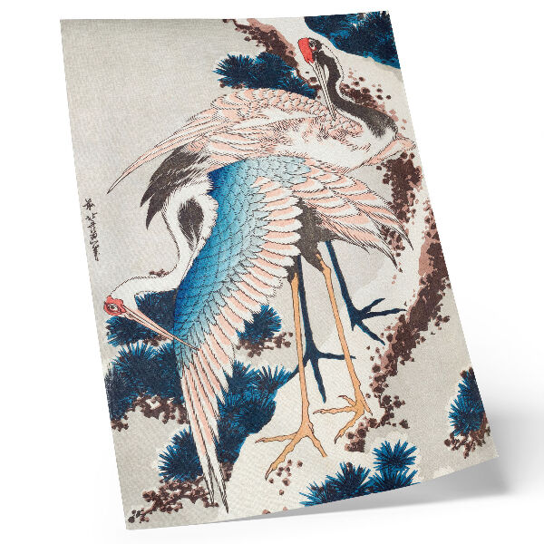Lámina artística de alta calidad Grullas en un árbol cubierto de nieve, de Katsushiki Hokusai (1834), grabado en madera de época.