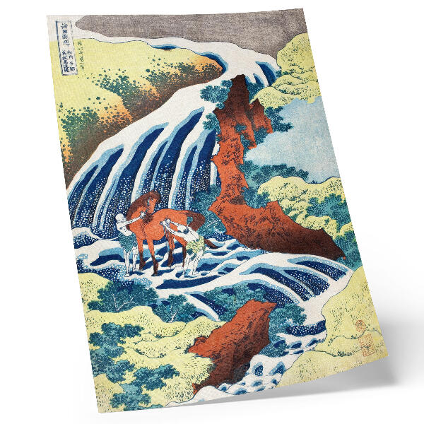 Póster con colores saturados Grabado japonés antiguo en madera de Hokusai que representa las cataratas de Yoshitsune en Yoshino, provincia de Izumi (1833-1834).