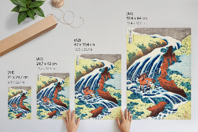 Póster con colores saturados Grabado japonés antiguo en madera de Hokusai que representa las cataratas de Yoshitsune en Yoshino, provincia de Izumi (1833-1834).