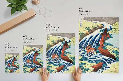 Grabado japonés de Hokusai: Cataratas de Yoshitsune póster con colores saturados inspirado en la obra original de 1833-1834