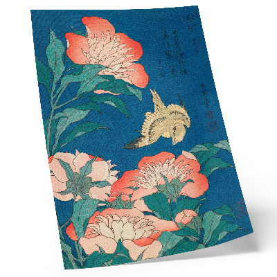 Lámina artística de alta calidad Peonías y un canario, de Katsushiki Hokusai (1834) – grabado en madera de época