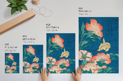Lámina artística de alta calidad Peonías y un canario, de Katsushiki Hokusai (1834) – grabado en madera de época