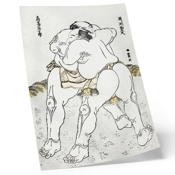 Luchadores de sumo de Katsushiki Hokusai grabado en madera japonés antiguo en póster con colores saturados