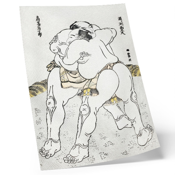Póster con colores saturados Luchadores de sumo de Katsushiki Hokusai (1760-1849), grabado en madera japonés antiguo