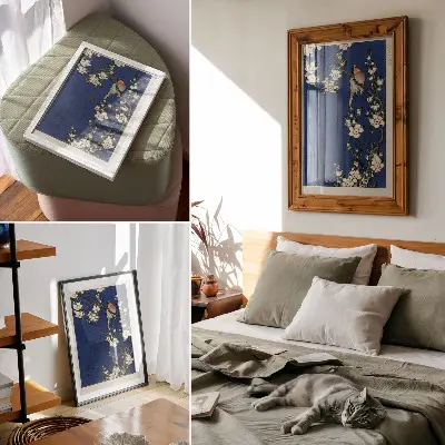Lienzo decorativo moderno obra de Katsushika Hokusai, petirrojo en una rama de cerezo en flor
