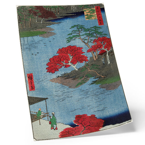 Póster con colores saturados Otoño en el templo Akiba en Ukiji (1857), grabados japoneses antiguos de Utagawa Hiroshige.