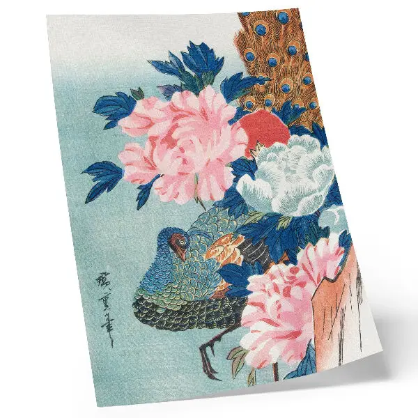 Lienzo decorativo moderno grabado japonés antiguo de pavo real y peonías de Utagawa Hiroshige