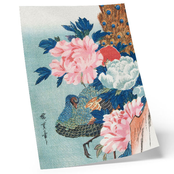 Lienzo decorativo moderno Pavo real y peonías, grabado japonés antiguo en madera de Utagawa Hiroshige.