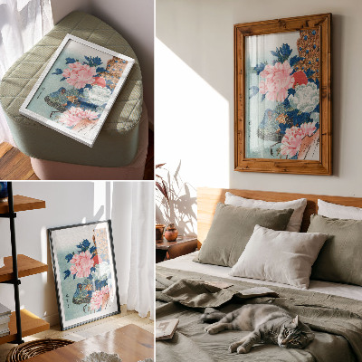 Lienzo decorativo moderno Pavo real y peonías, grabado japonés antiguo en madera de Utagawa Hiroshige.