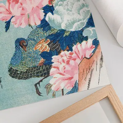 Lienzo decorativo moderno grabado japonés antiguo de pavo real y peonías de Utagawa Hiroshige