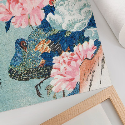 Lienzo decorativo moderno Pavo real y peonías, grabado japonés antiguo en madera de Utagawa Hiroshige.