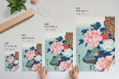 Lienzo decorativo moderno Pavo real y peonías, grabado japonés antiguo en madera de Utagawa Hiroshige.