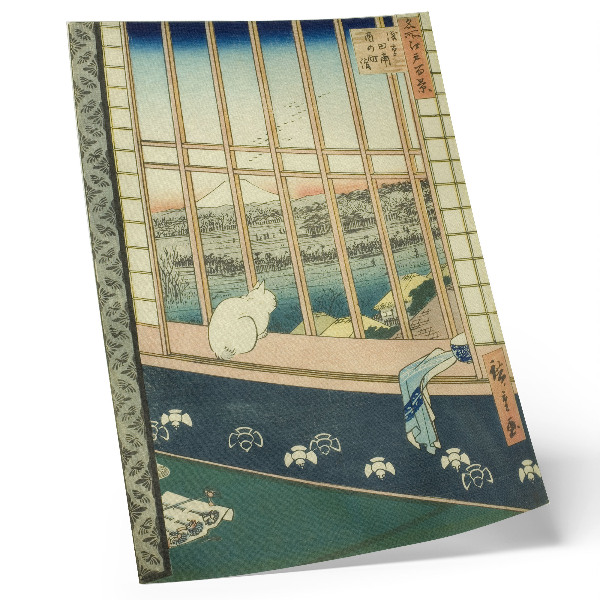 Póster con colores saturados Los arrozales de Asakusa y el festival de Torinomachi, de la serie Cien vistas famosas de Edo, de Hiroshige.
