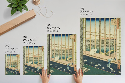 Póster con colores saturados Los arrozales de Asakusa y el festival de Torinomachi, de la serie Cien vistas famosas de Edo, de Hiroshige.