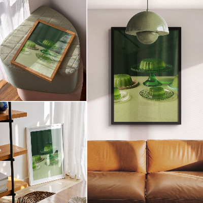 Póster con colores saturados Gelatinas verdes en diferentes platos