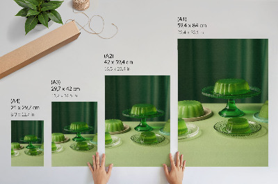 Póster con colores saturados Gelatinas verdes en diferentes platos