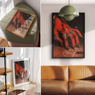 Póster de mano roja con anillos sobre fondo de símbolos con colores saturados