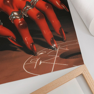 Póster con colores saturados Mano roja con anillos sobre un fondo de símbolos