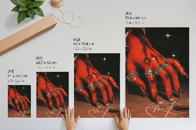 Póster con colores saturados Mano roja con anillos sobre un fondo de símbolos