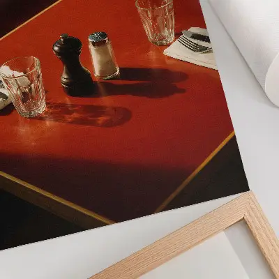 Lienzo decorativo moderno con una mesa de restaurante, especias y cristalería