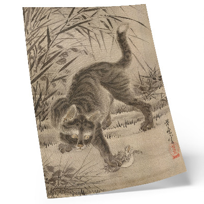 Póster con colores saturados Un gato atrapando una rana, de Kawanabe Kyosai