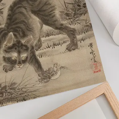 Póster de gato atrapando una rana de Kawanabe Kyosai con colores saturados