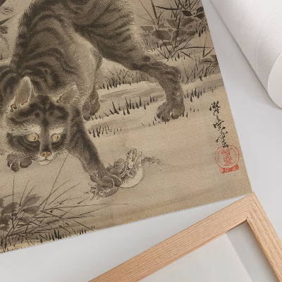 Póster con colores saturados Un gato atrapando una rana, de Kawanabe Kyosai