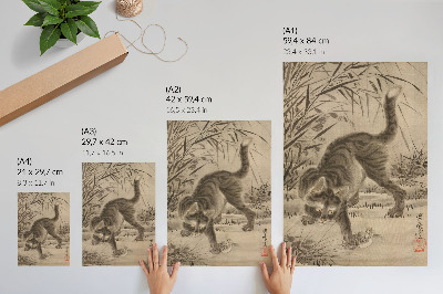 Póster con colores saturados Un gato atrapando una rana, de Kawanabe Kyosai