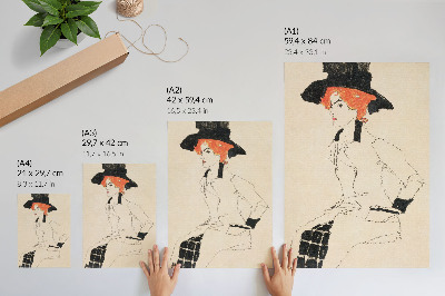 Póster con colores saturados Retrato de una mujer (1910) de Egon Schiele: un dibujo lineal femenino de la colección del MET.