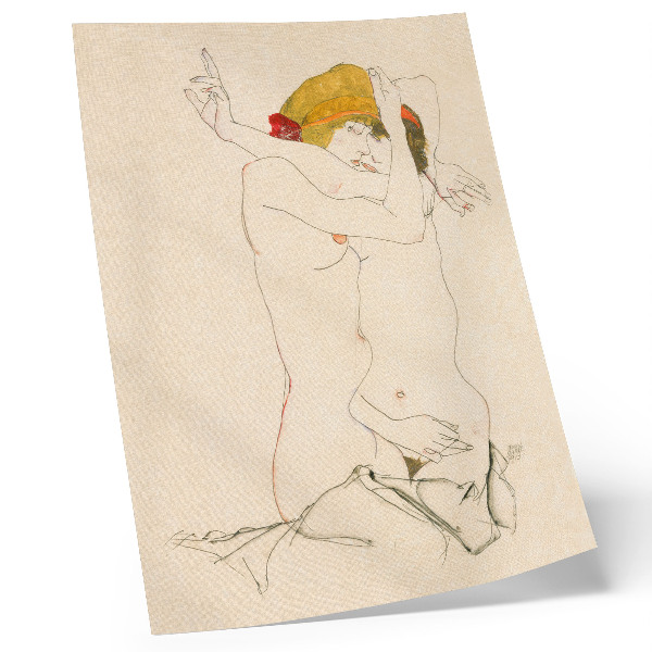 Lámina artística de alta calidad Dos mujeres abrazándose (1913) de Egon Schiele: un dibujo lineal femenino de la colección del MET.