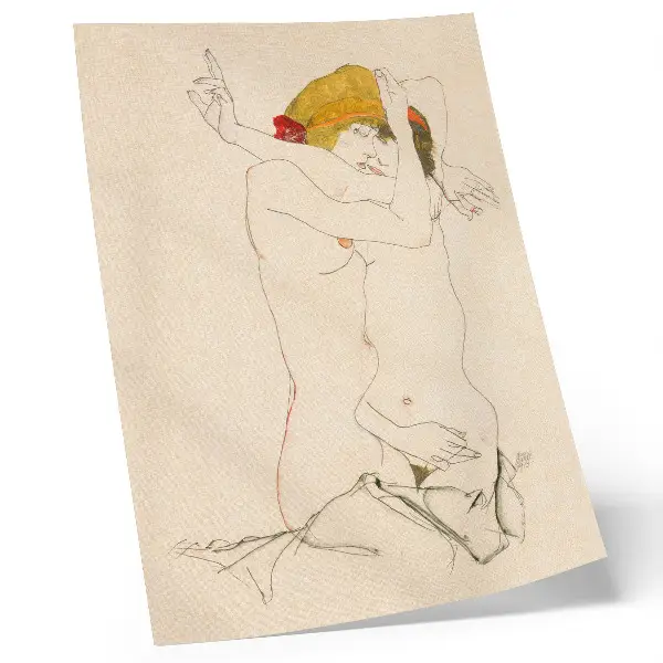 Dos mujeres abrazándose (1913) de Egon Schiele lámina artística de alta calidad con dibujo lineal femenino de la colección del MET