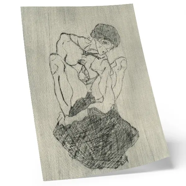 Póster con colores saturados de la obra gráfica de Egon Schiele de 1971 que presenta un dibujo lineal femenino de la colección del MET
