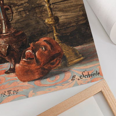 Lienzo decorativo moderno Naturaleza muerta con candelabro, jarrón y máscara, de Egon Schiele.