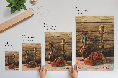 Lienzo decorativo moderno Naturaleza muerta con candelabro, jarrón y máscara, de Egon Schiele.