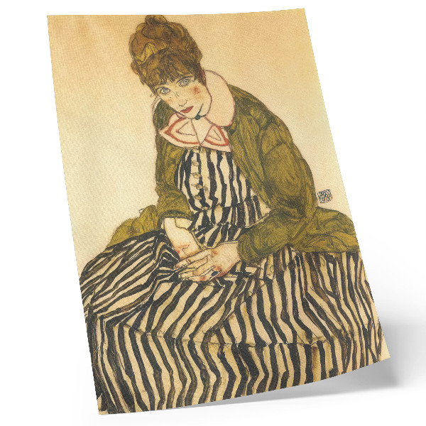 Lienzo decorativo moderno Retrato de Edith Schiele con un vestido de rayas (1915) de Egon Schiele