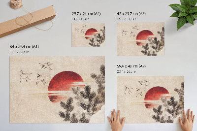 Arte de pared Pájaros y puesta de sol, de Katsushika Hokusai, del Álbum de bocetos (1814), grabado japonés antiguo en madera.