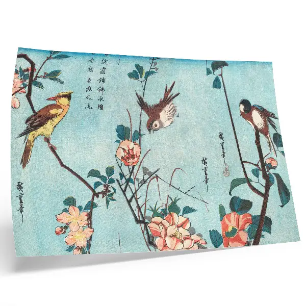 Lámina para cuadro grabado antiguo en madera de pájaros y flores japonesas de Utagawa Hiroshige de 1833