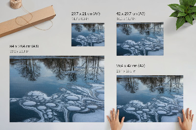 Arte de pared Hielo en el lago, reflejos de los árboles, tonos azules