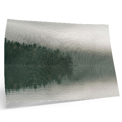 Póster Paisaje boscoso y brumoso junto al lago.