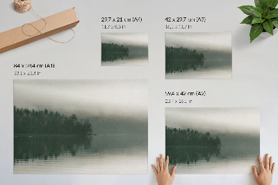 Póster Paisaje boscoso y brumoso junto al lago.